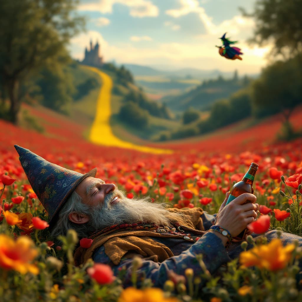 AI generated: a totally wasted  hippie with a dopey grin partly closed eyes is  in a field of poppies laying prone...