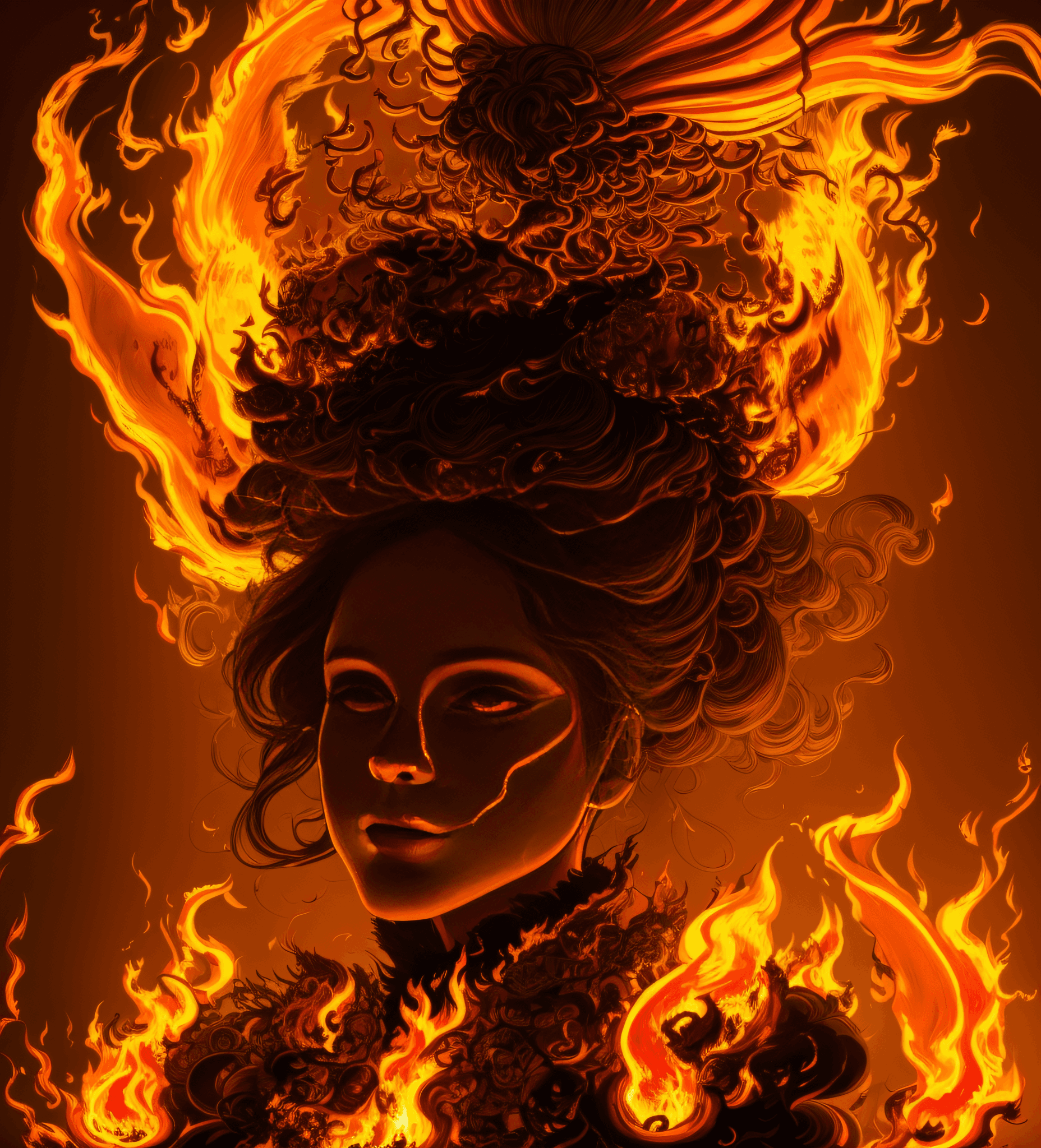 AI generated: arafed woman with a burning house on her head, all face covered with a fire, burning houses, house o...