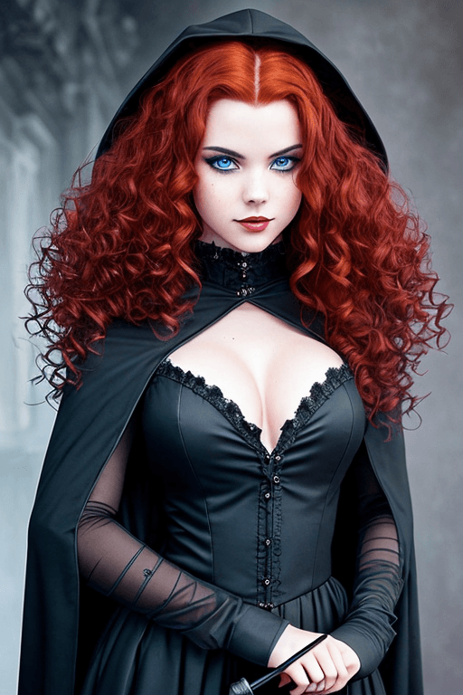 AI generated: a beautiful american girl, (bad chick), slightly low angle, (arrogant sexy pose), dark witch attire ...