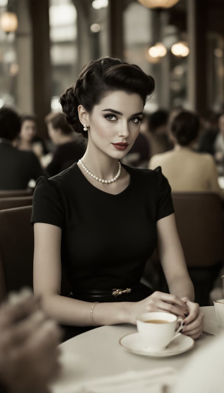 AI generated: A woman in a sophisticated dress with a cinched waist, sitting at a café in Tehran, sipping tea, wit...