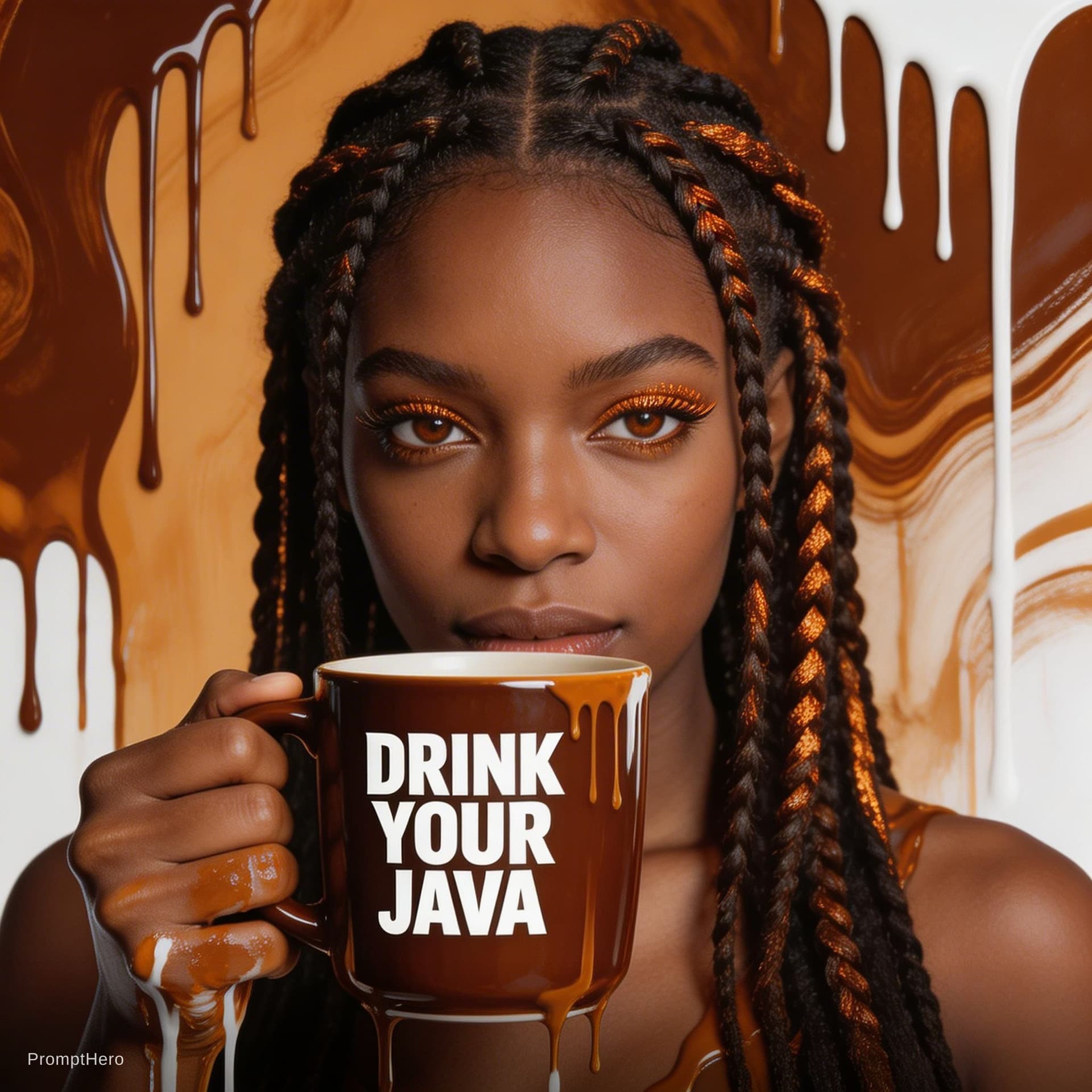 AI generated: drink your java screenshot 3, in the style of surreal illustrations, pop colorism, dark amber and wh...