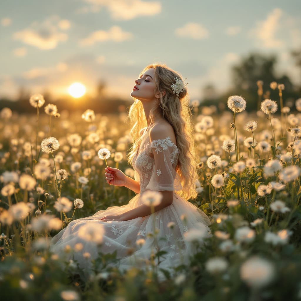 AI generated: A whimsically soft white embroidery smoothy cluster fogdress seedfairy attached to the sunset behind...
