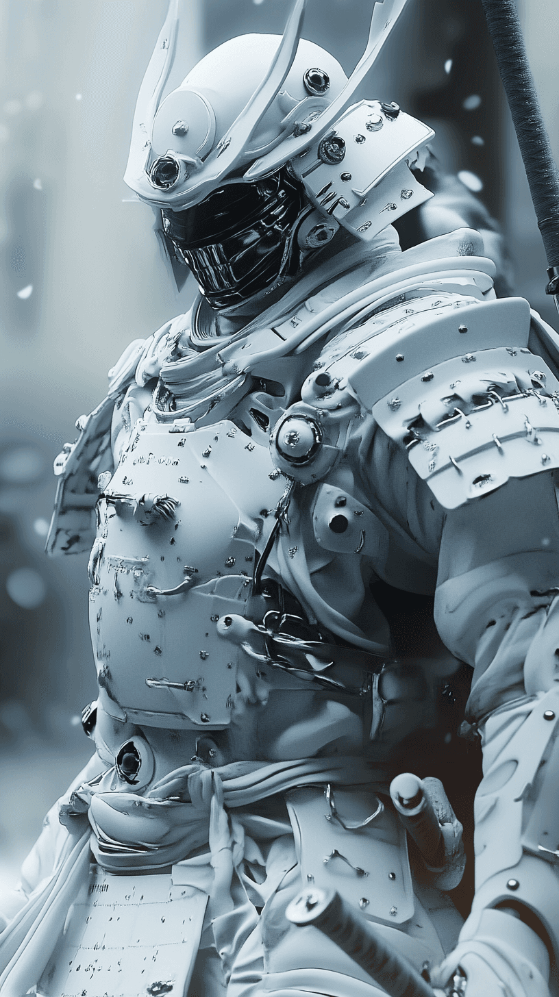 AI generated: samurai relaistic , japanese style, robotic, scifi, high detailed, white and Clean, and straight Sam...