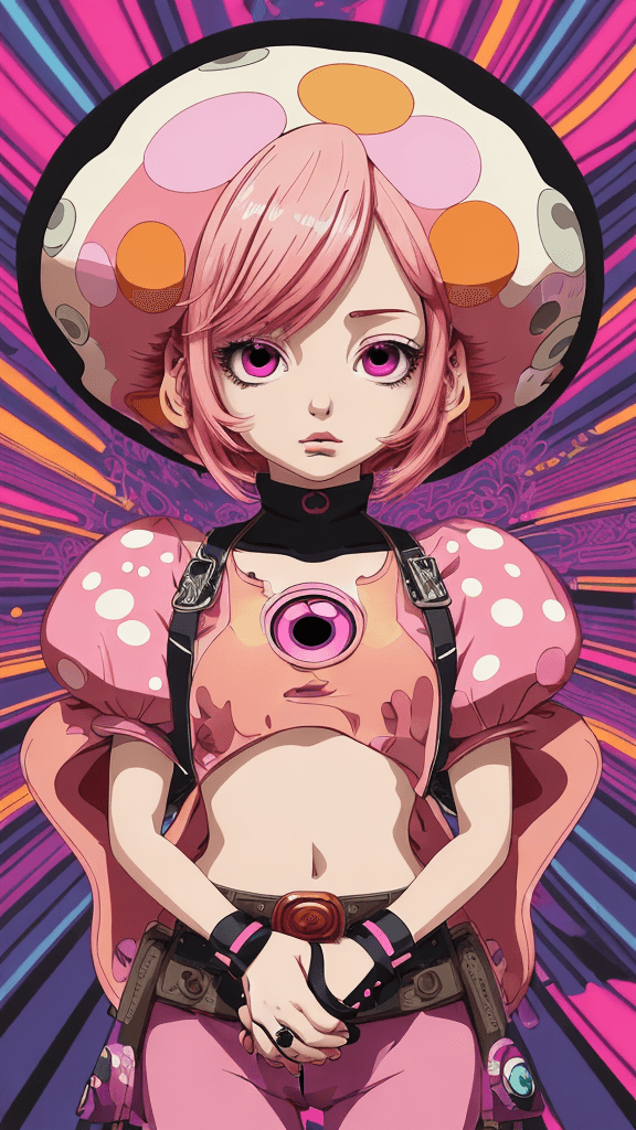 AI generated: in a funky background portrait of little mushroom woman, pink hair, Prominent eyes, funky background...