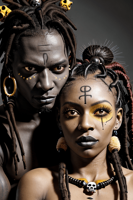 AI generated: A male and a female voodoo priests, wildly seductive embrace,  dark complexion, voodoo symbols on fa...