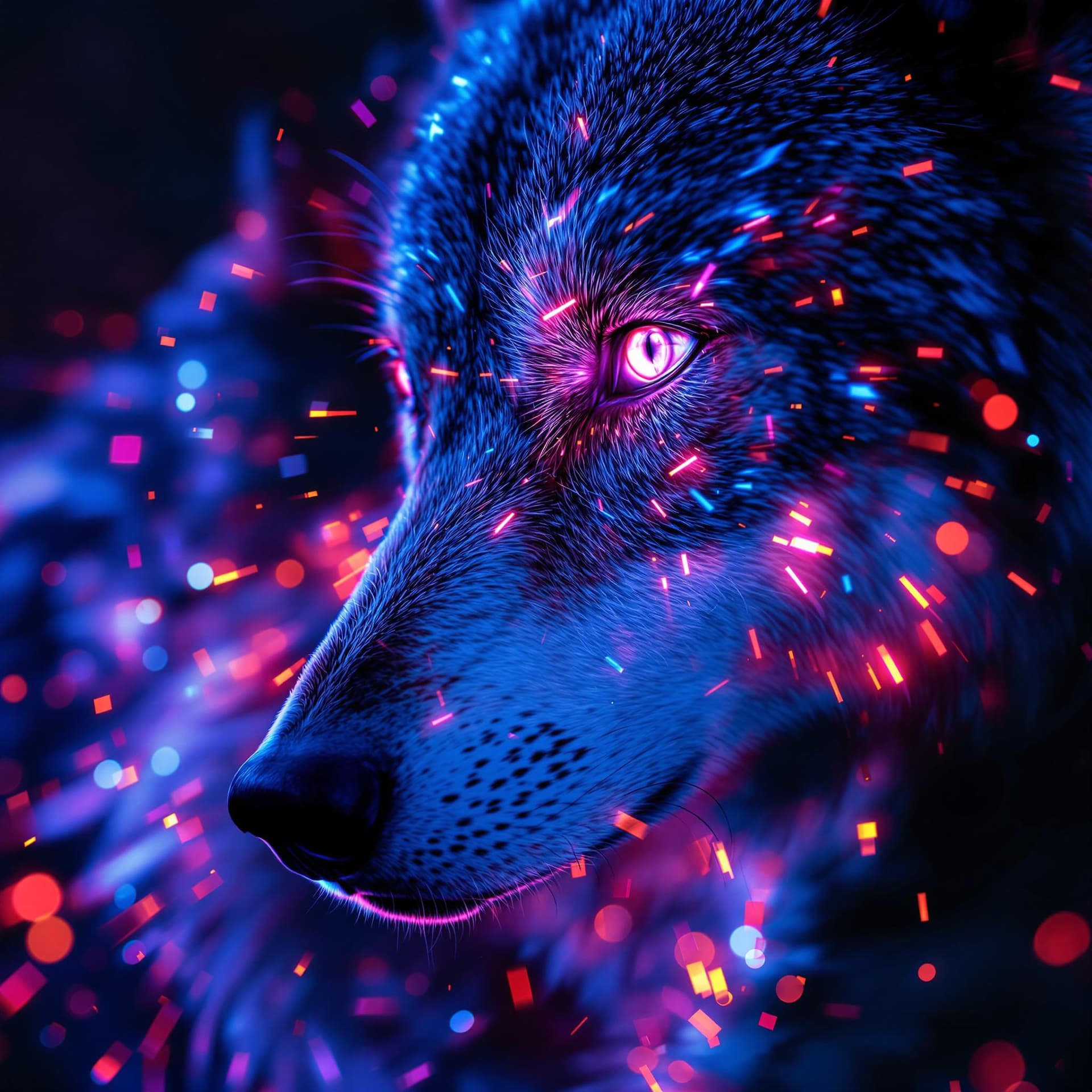 AI generated: A close-up shot of a wolf is made of neon rays, ultra detailed, fairy lighting, photorealistic, brig...