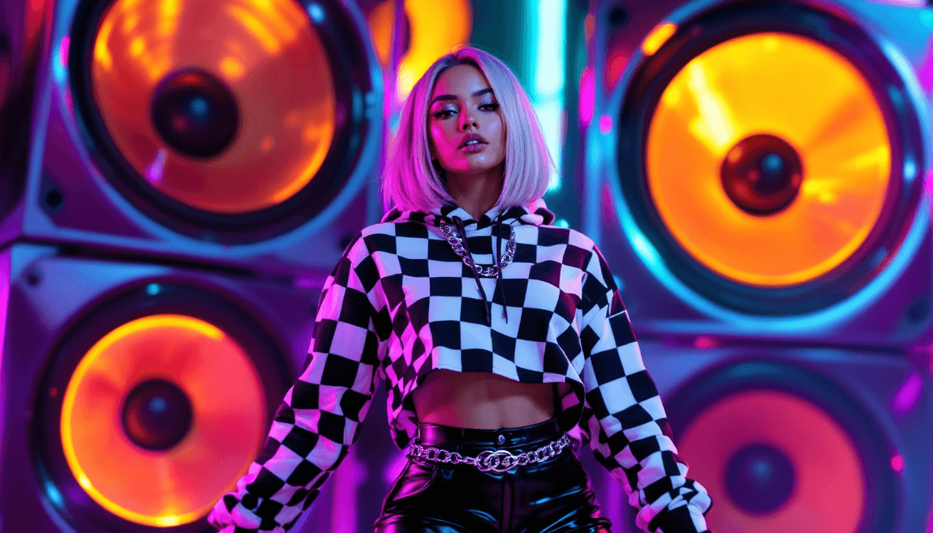 AI generated: A Stunning Curvy, Young woman,R light-skinned, mid-20s,  posing confidently.  Checkered black and wh...