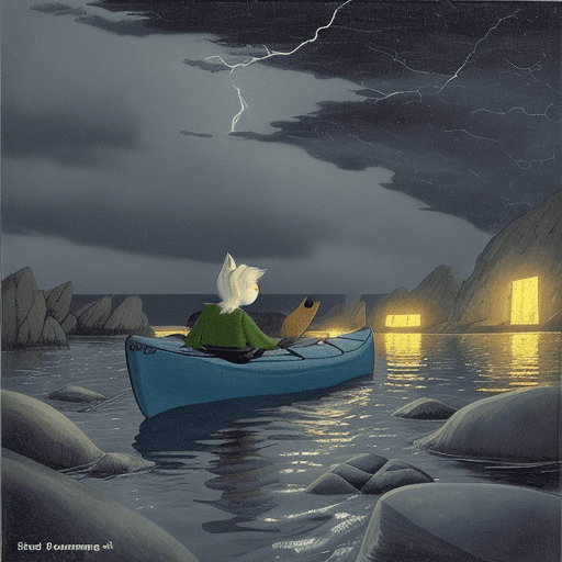AI generated: Tove Jansson color style : : storm, rocks, night, one cat in a kayak : : --hd