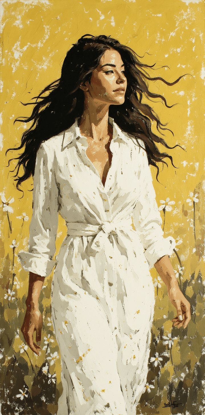 AI generated: a painting of a woman, in the style of brushstroke-intensive portraits, walking flower field, flowin...