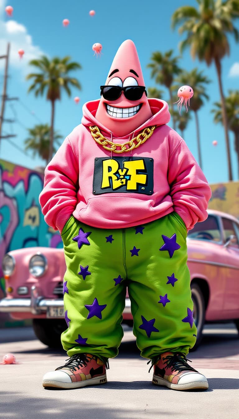 AI generated: The character Patrick from the animated series "SpongeBob SquarePants" with a cone-shaped head and a...