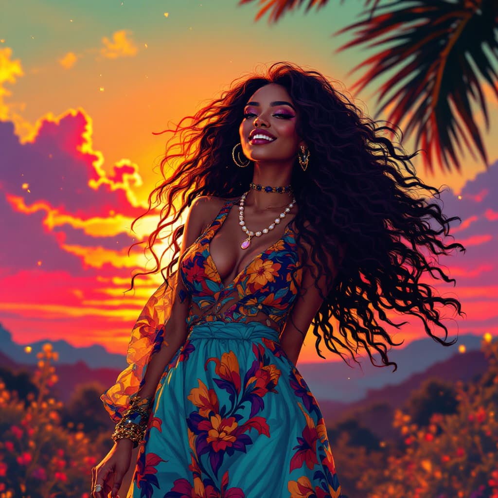 AI generated: A digital illustration of an African-American woman exuding confidence and joy in a bohemian fashion...