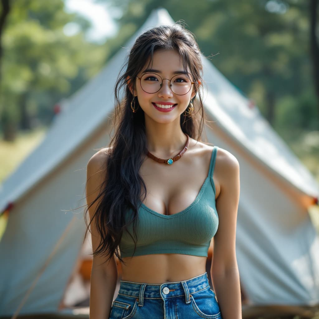 AI generated: masterpiece, best quality, perfect anatomy, beautiful Japanese lady 35years old on camping-ground, d...