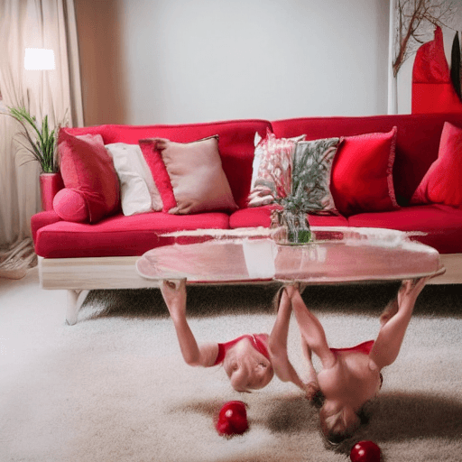 AI generated: realistic image, of an attractive and feminine female character, in a living room with a large red s...