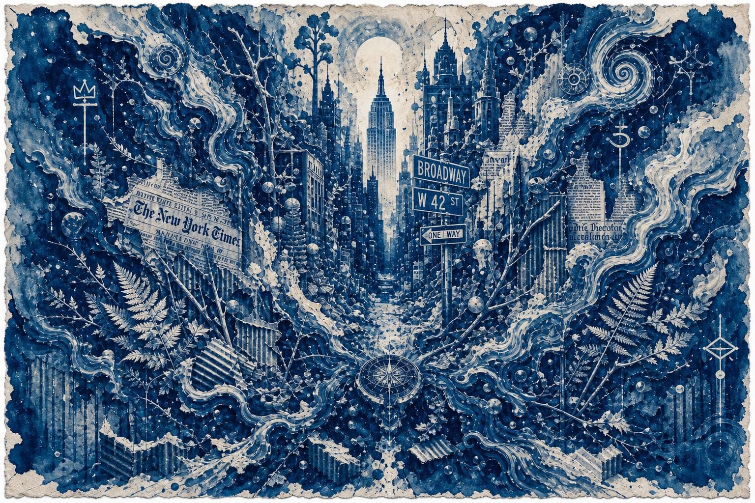 AI generated: Cyanotype rendering of a striking  abstract artwork in Encaustic wax style, masterfully blending sur...