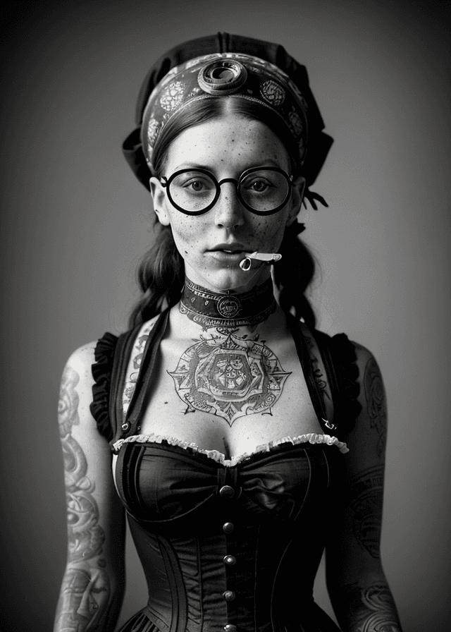 AI generated: High resolution photography detailed black and white photo of an attractive victorian steampunk woma...