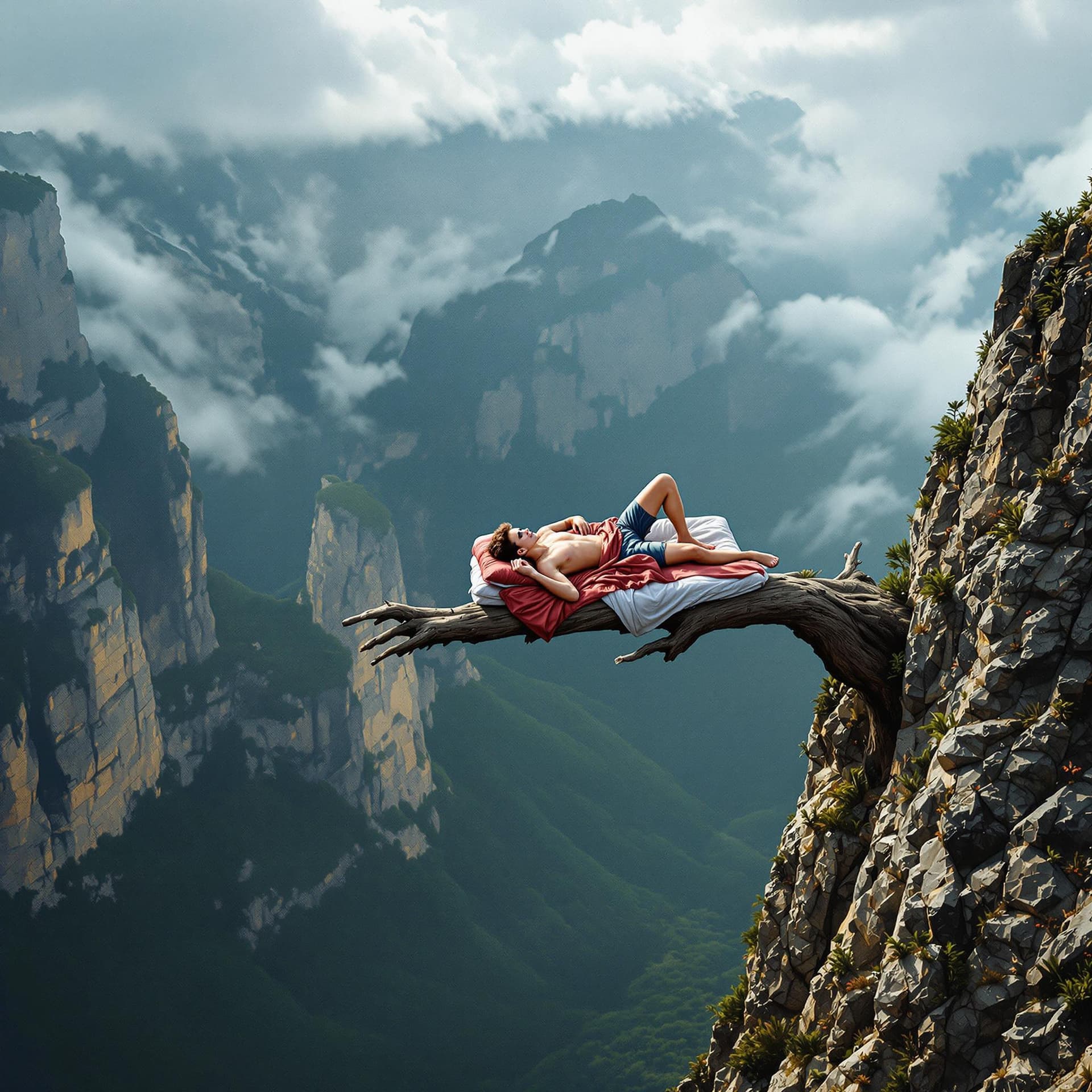 AI generated: acrophobic composition, photo at an extreme angle from the center of a steep cliff a branch sticks o...