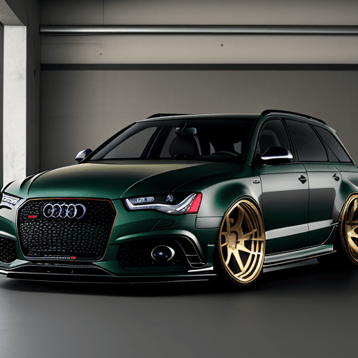 AI generated: Hyper realistic Audi RS6, Dark green, golden 10 spoke wheels, extremely lowered on airbags, windows ...