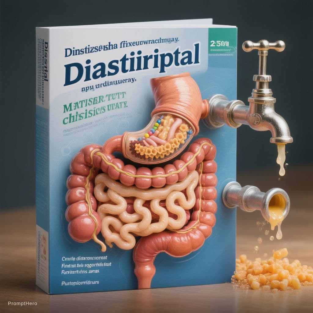 AI generated: pharmaceutical product flyer concept. visual metaphor. one end of the human digestif system with a f...