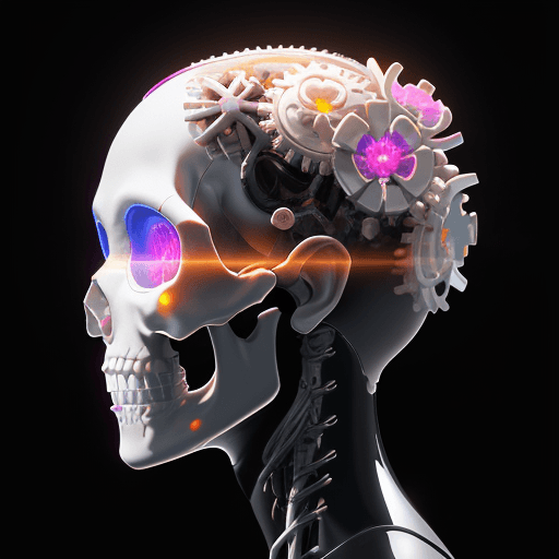 AI generated: Radiation glowing side profile of glossy white porcelain android skull with multicoloured flowers gr...