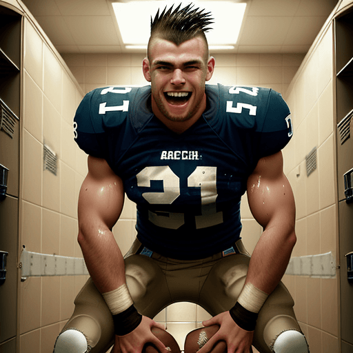 AI generated: caucasian american football player, short brown mohawk, attractive rugged face, crouching in footbal...