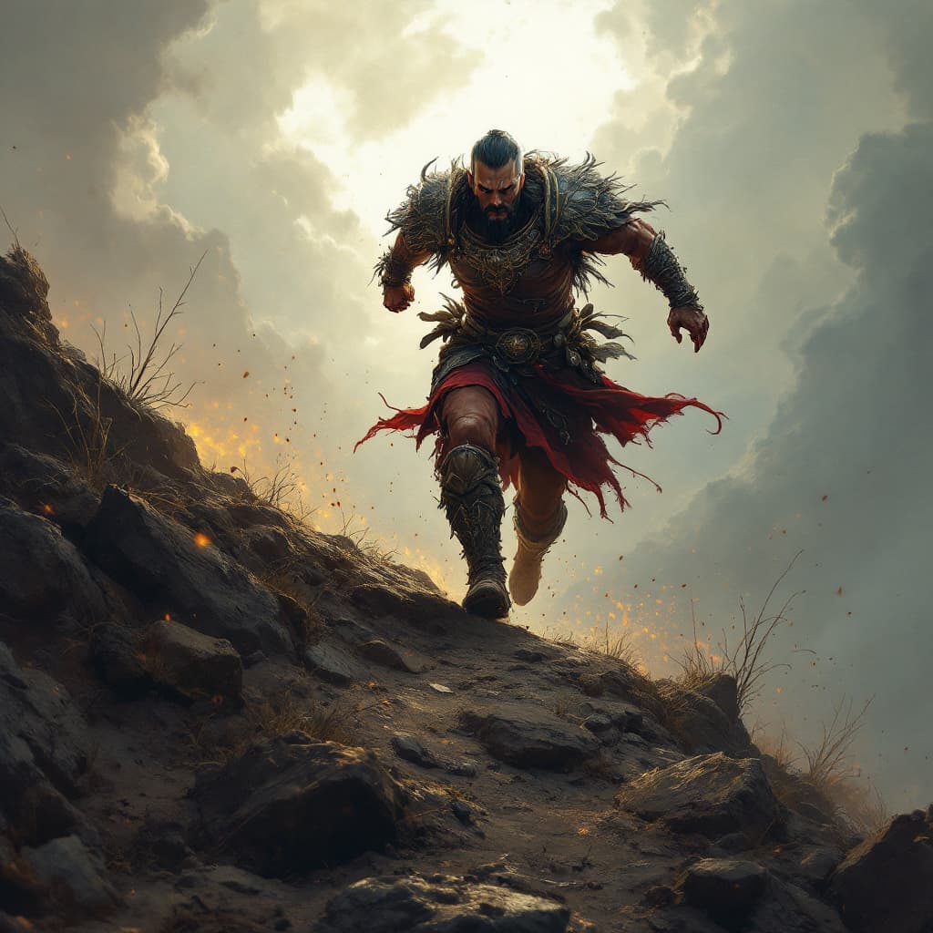AI generated: Generate an image of warrior running uphill