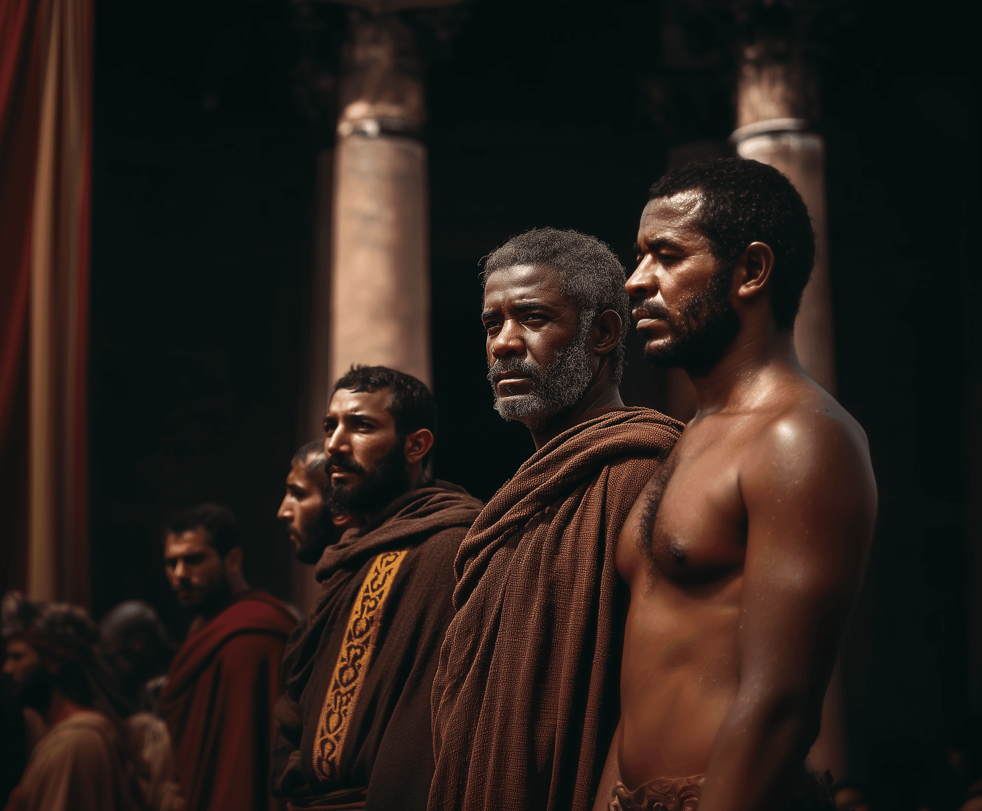 AI generated:  group of men in ancient rome --chaos 40 --ar 6:5 --style raw --profile 8dtrl7a --stylize 450 --v 7