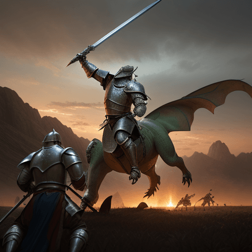 AI generated: film-still shot of a medieval battle, where in front a bogatyr and a lizardman are fighting each oth...