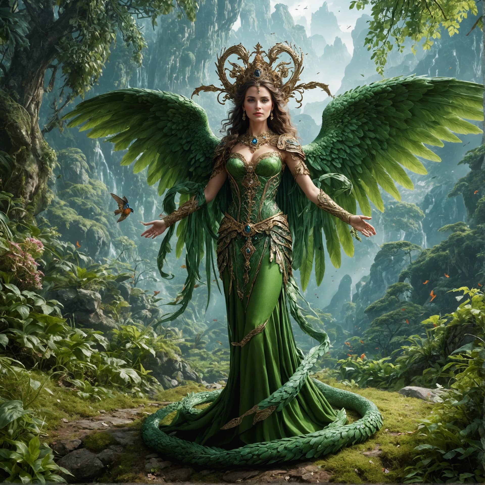 AI generated: In this portrait, Serqet is depicted in her Serpent Charmer skin, standing in a lush and verdant jun...
