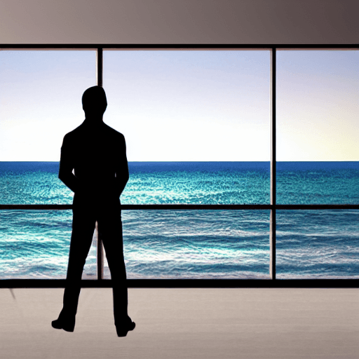 AI generated: hyper realistic cartoon  of a productive person overlooking the ocean, daylight, indirect lighting, 