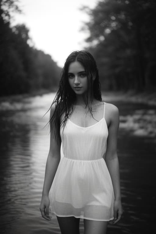 AI generated: Photo of a cute girl emerging from the river, wet white micro dress, wet hair, daytime, deep photogr...