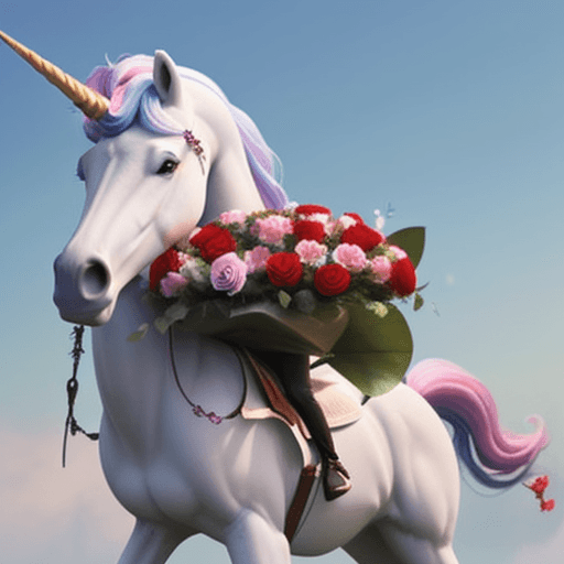 AI generated: A unicorn carrying a bunch of roses.