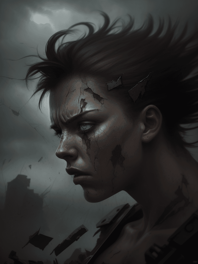 AI generated: broken but ready to fight, gloomy background, epic composition, brutal, cinematic, dramatic, digital...