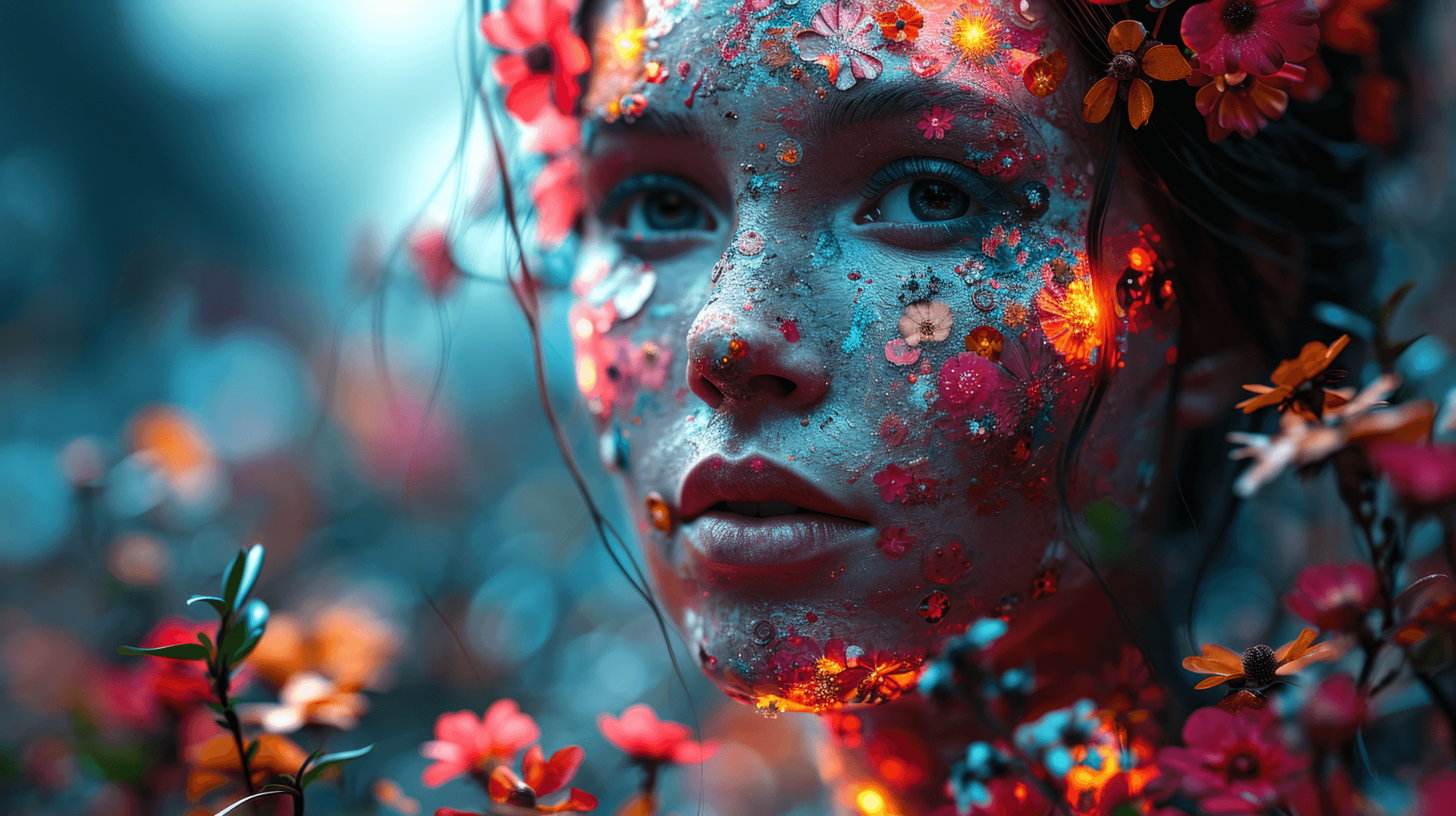 AI generated: Radiation glowing side profile of glossy pink porcelain woman with multicoloured flowers growing out...