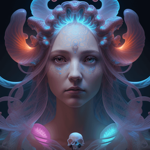 AI generated: Goddess close-up portrait ribcagel. jellyfish phoenix head, nautilus, orchid, skull, betta fish, bio...