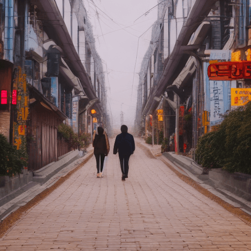 AI generated: Autumn in Korea, Streetlamps in the city center, two people are walking on the Street