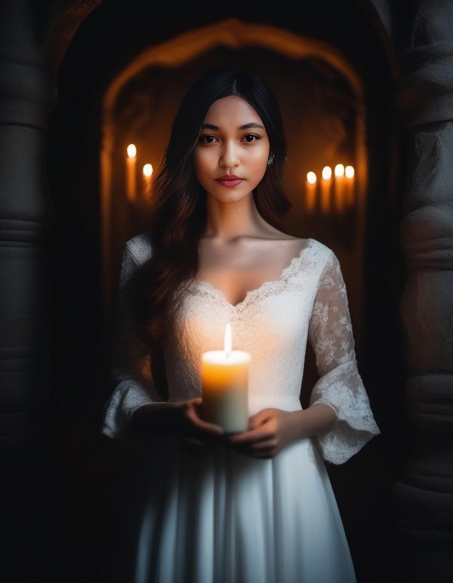 AI generated: a girl in a long white dress with a candle in her hand in a scary dark castle