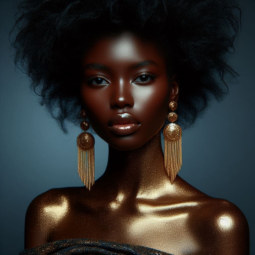 AI generated: African woman with golden earings , in the style of dmitry kustanovich, delicate modeling, photobash...
