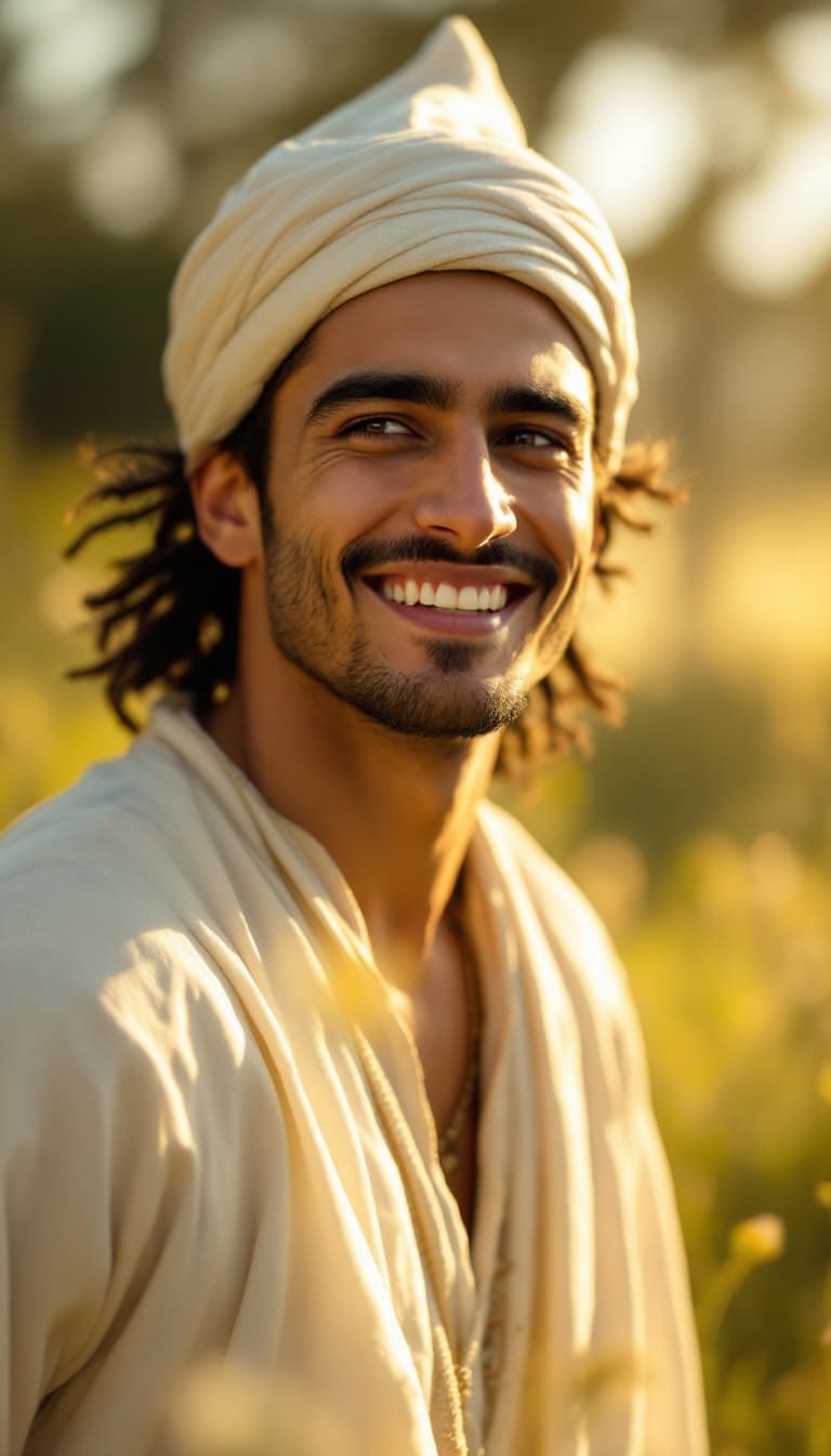 AI generated: Description: The Young Man (tan-skinned Iranian, sharp dark eyes, strong brows, white flowing robe, ...