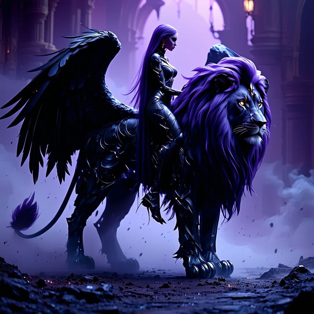 AI generated: A full body photo shot of an angelic mythical black lion with large black outstretched feathery wing...