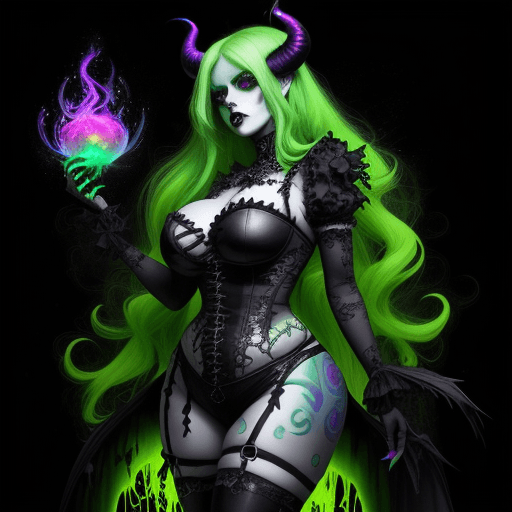 AI generated: Gorgeous demon girl with long toxic green hair, curvy body, black gothic style clothing, holding a g...