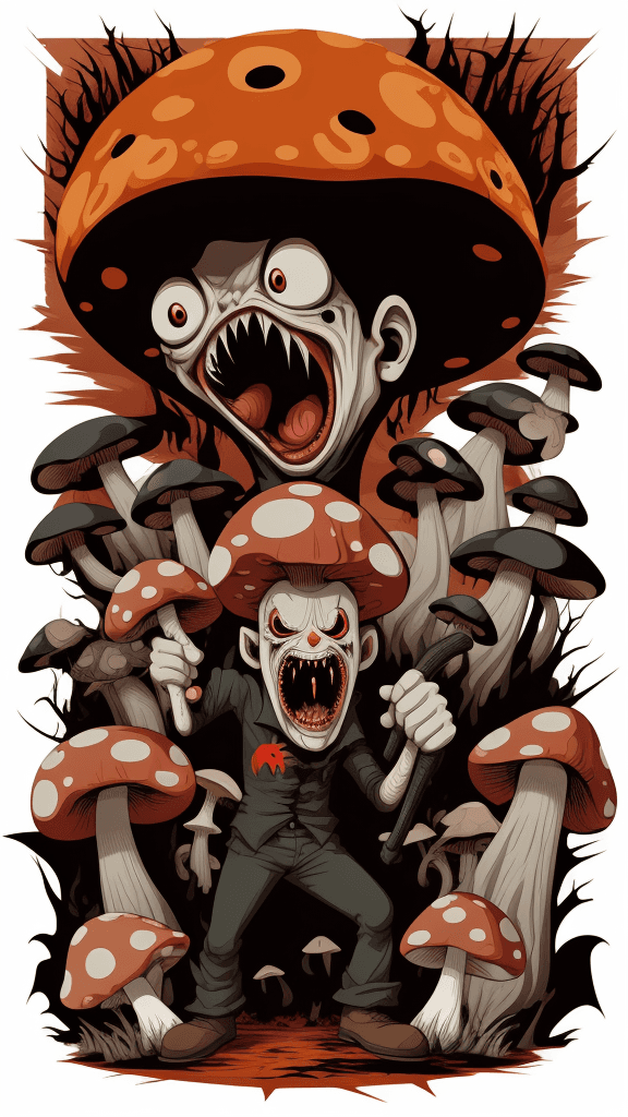 AI generated: vector horror art on the diverse background, a screaming crazy anthropomorphic evil mushroom with a ...