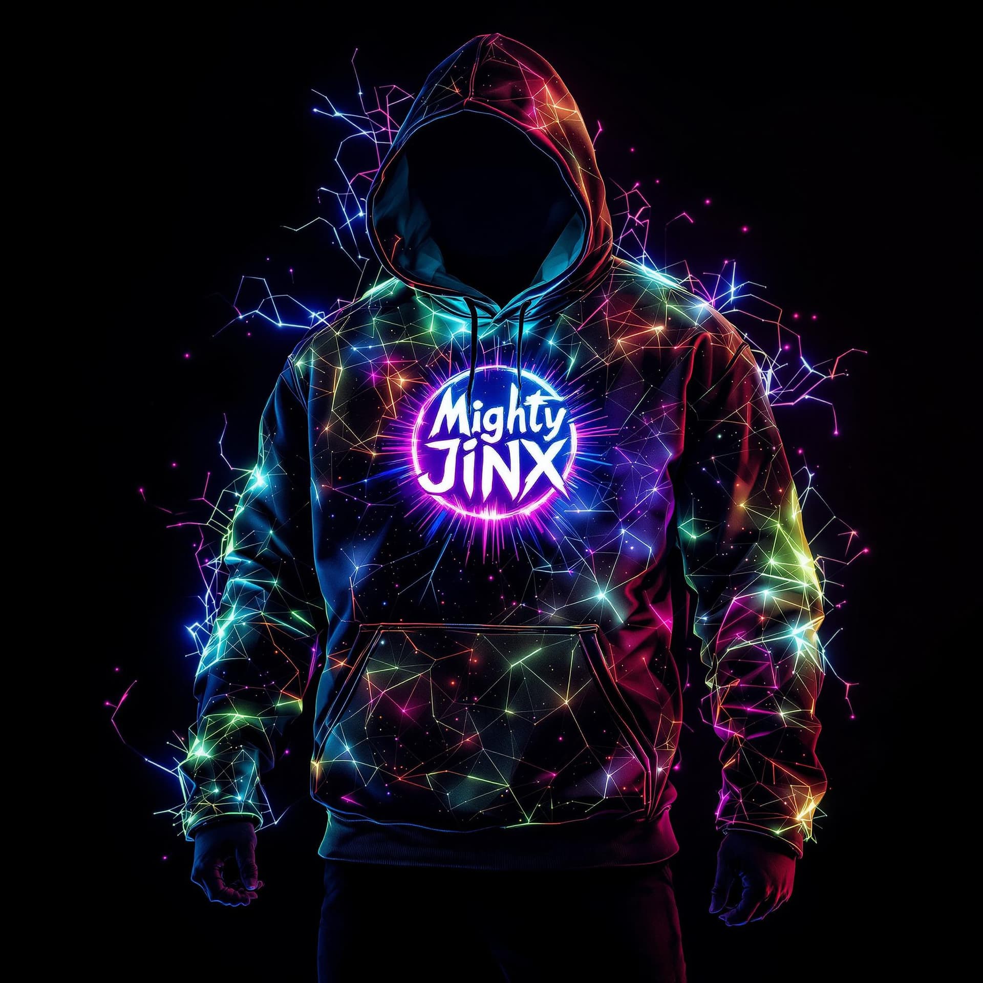 AI generated: Mighty Jinx arcane hoodie rgb lights with giobs on chest 