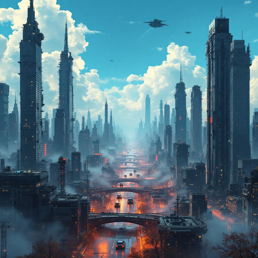 AI generated: Generate in 4k an image of a futuristic City with flying cars, police cars and Brain buses clear Blu...