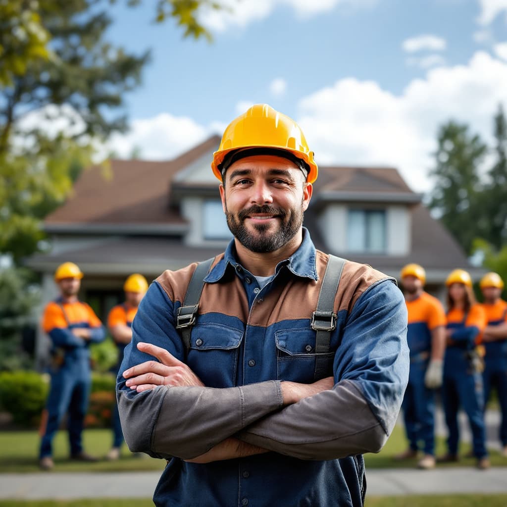 AI generated: ultra realistic photograph of roofing contractor standing infront of a house that has a new roof.

T...