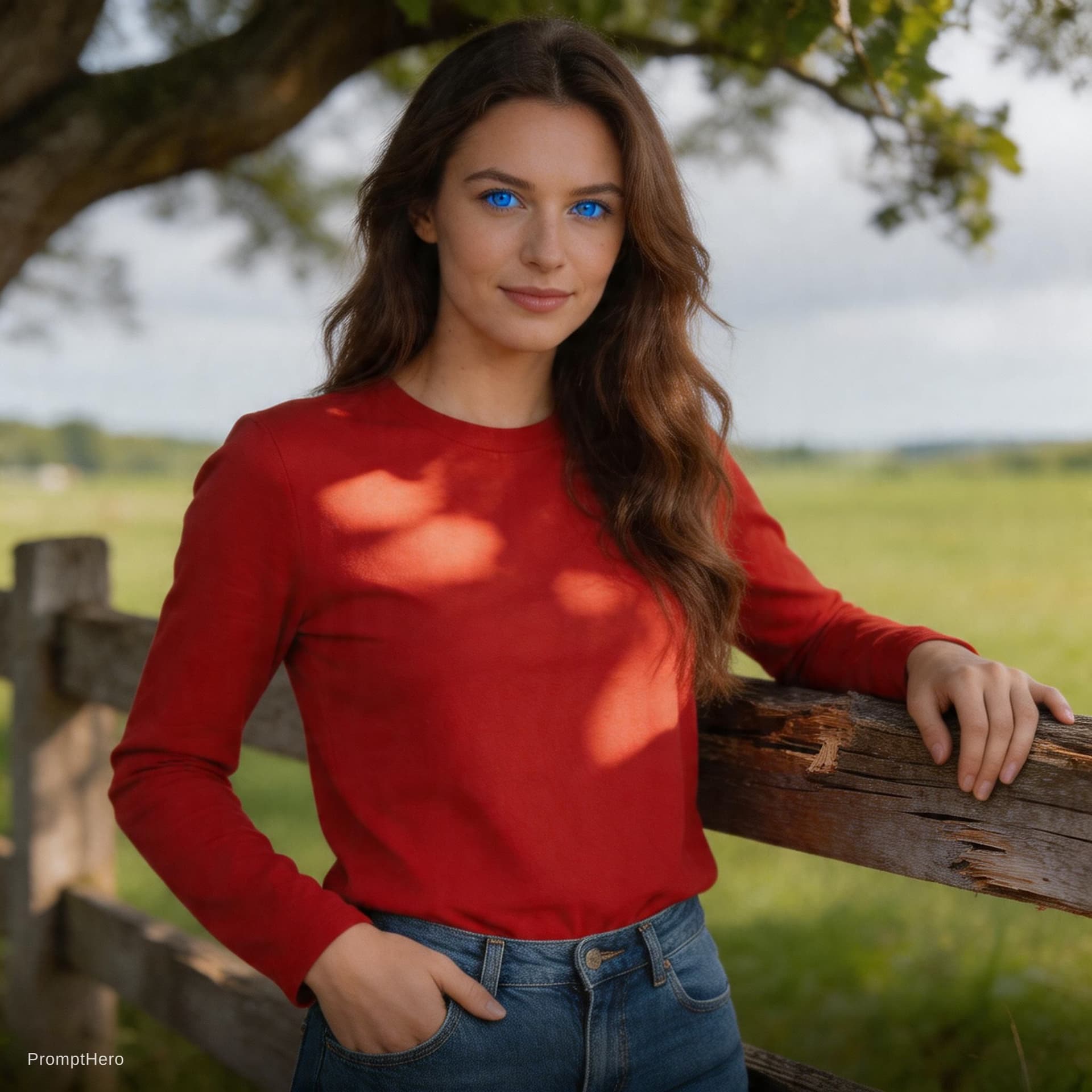 AI generated: A cinematic, photorealistic portrait of a woman with long, wavy brown hair and striking blue eyes, l...