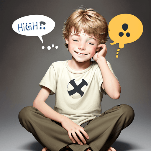 AI generated: An cute smiling boy sits cross legged, using his right hand to scratch his head. A speech cloud bubb...