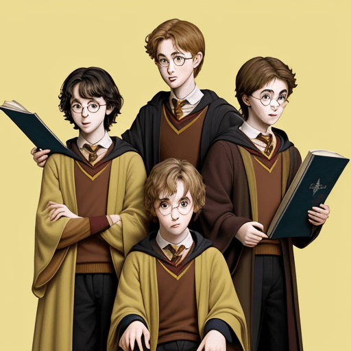 AI generated: Image of Harry Potter and friends, in illustration style, with a pale yellow background