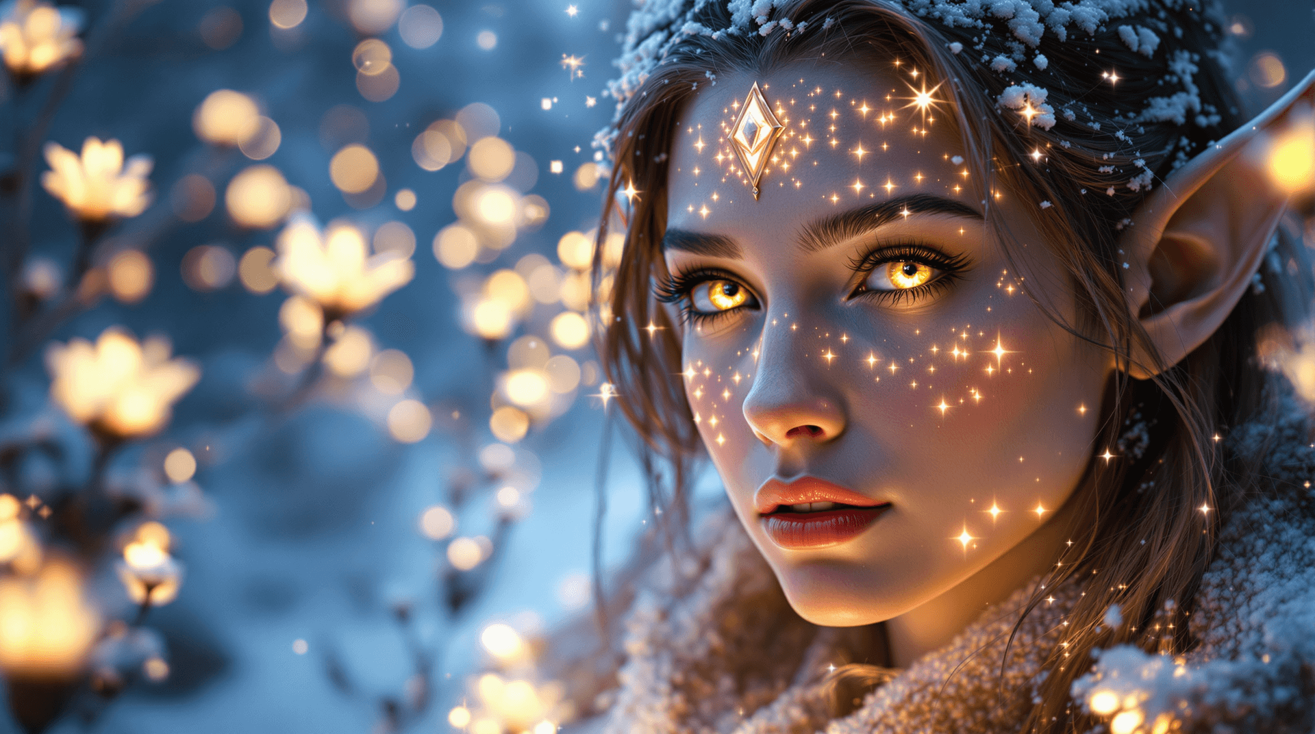 AI generated: A majestic elf face illuminated by the soft glow of luminescent plants, exuding an atmosphere of anc...