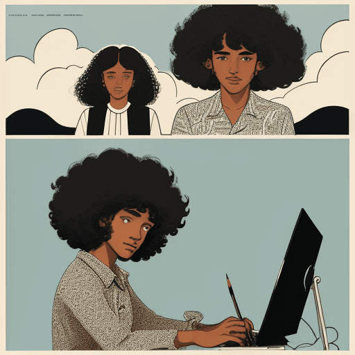 AI generated: Set of banners of a black designer with dark curly hair and curly bangs, painting the clouds, workin...