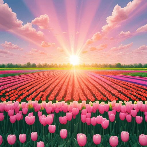 AI generated: dreamshaperxl, field of big tulips, pink clouds, sun, sun rays, spring, (expressive), detailed, 4k